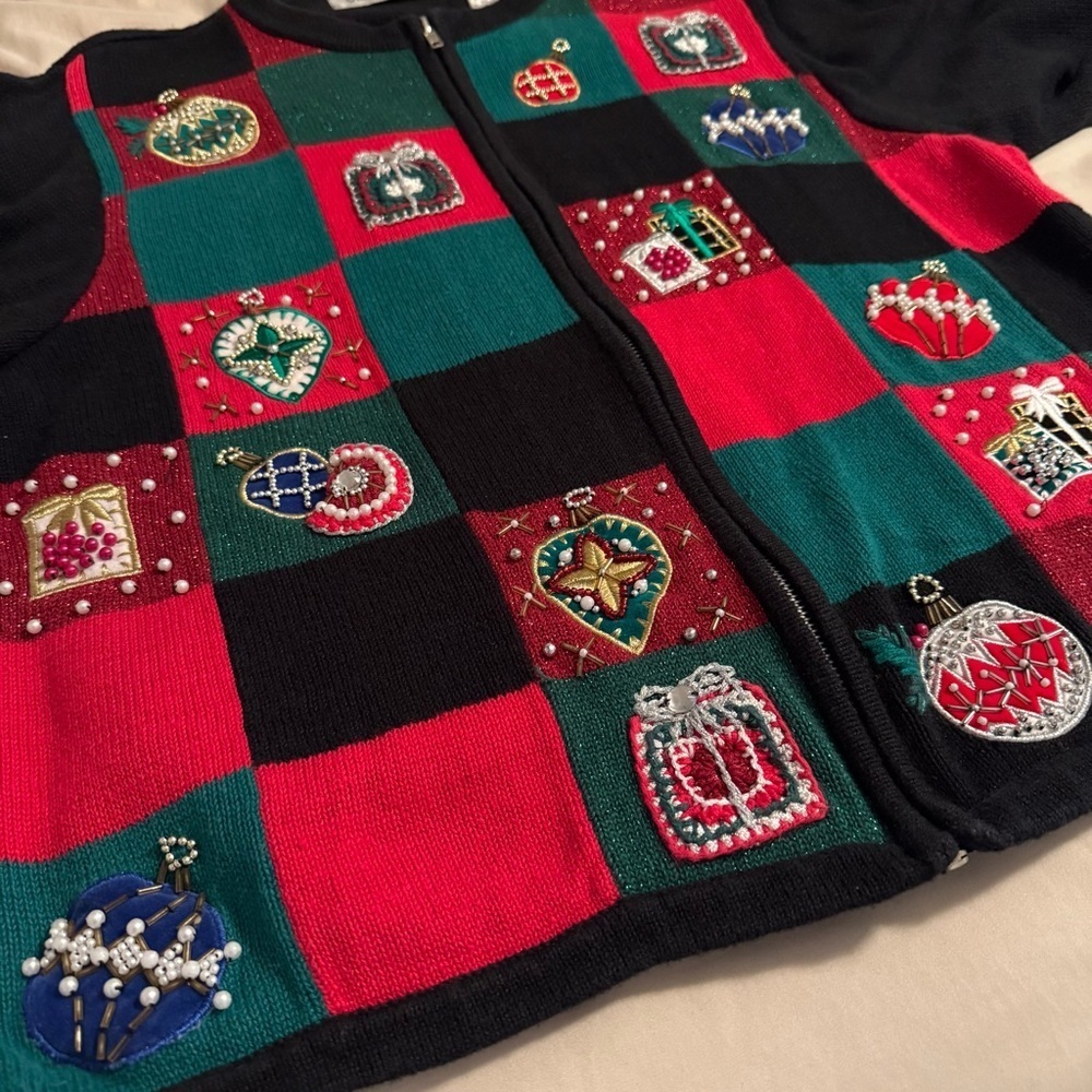 Vtg Victoria Jones Womens Sz XL Black Red Full Zip Christmas Sweater Grandmacore - Picture 4 of 9
